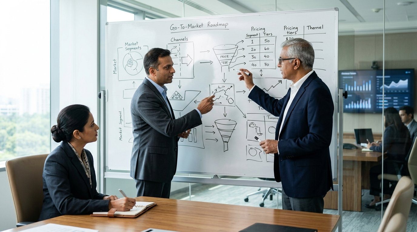 Indian business team in a working session around a table in a bright modern office