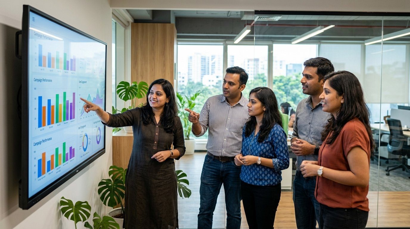 Indian team reviewing a colorful market analytics dashboard on a large screen