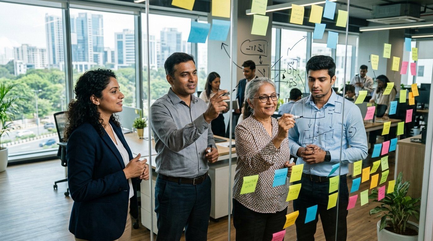 Indian strategy team reviewing growth plans on a glass planning wall