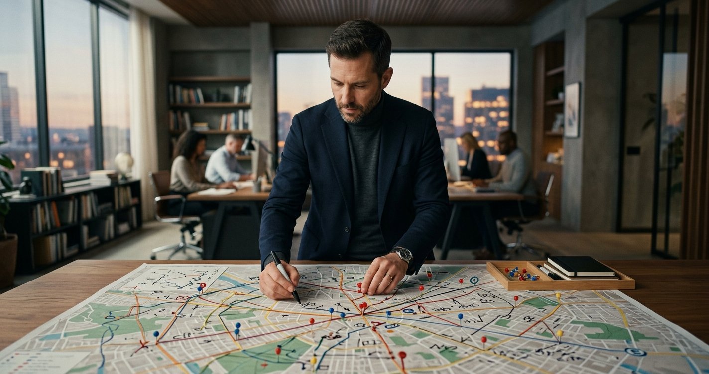 A strategist placing pins and routes on a large city map