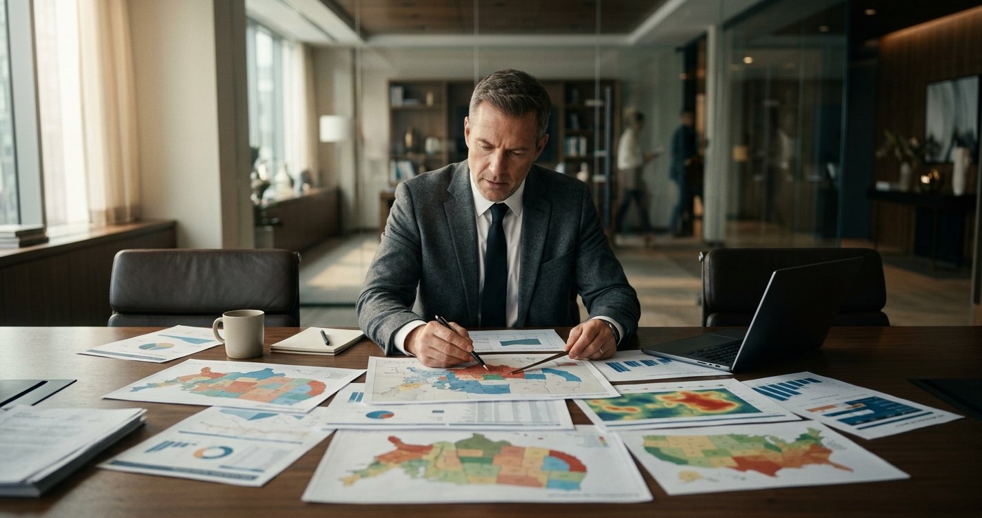 A sales leader studying territory maps and performance charts