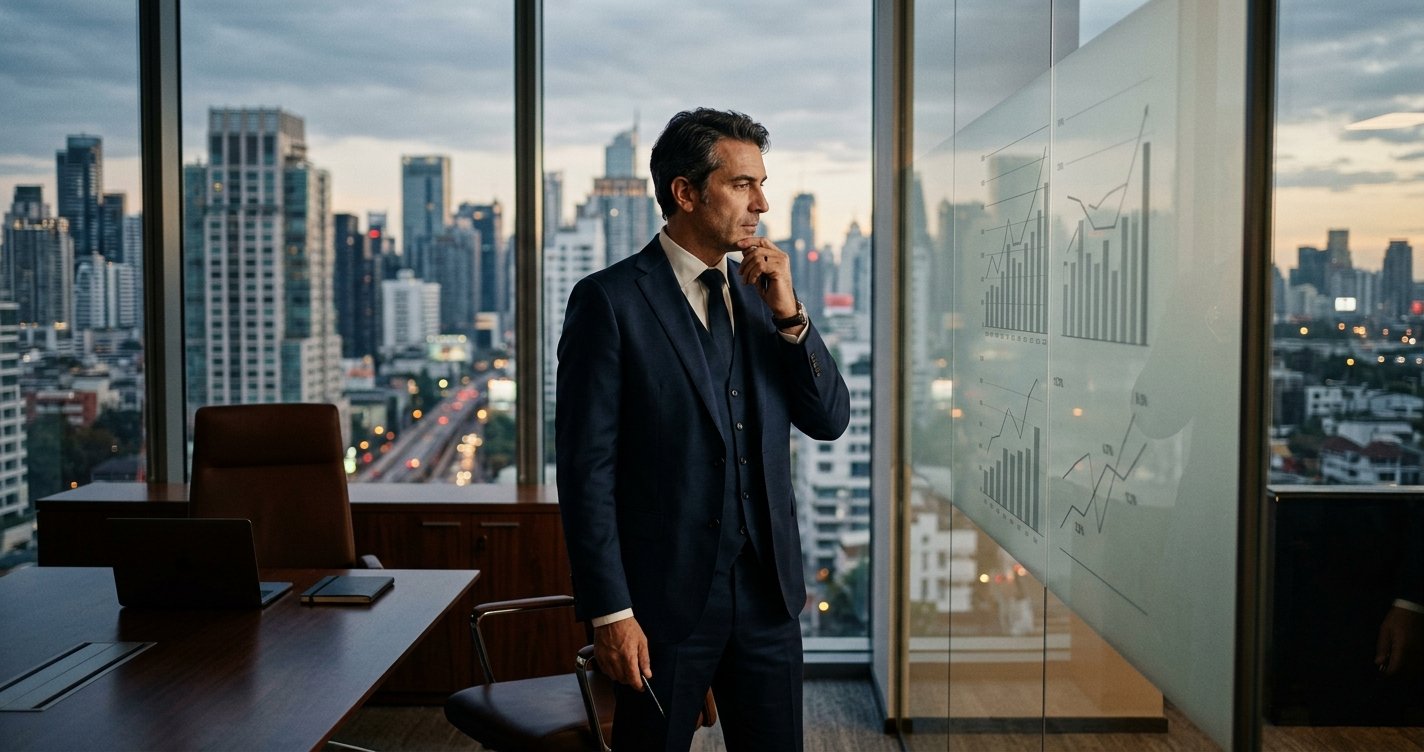 A CEO studying a flat sales chart on a boardroom glass wall