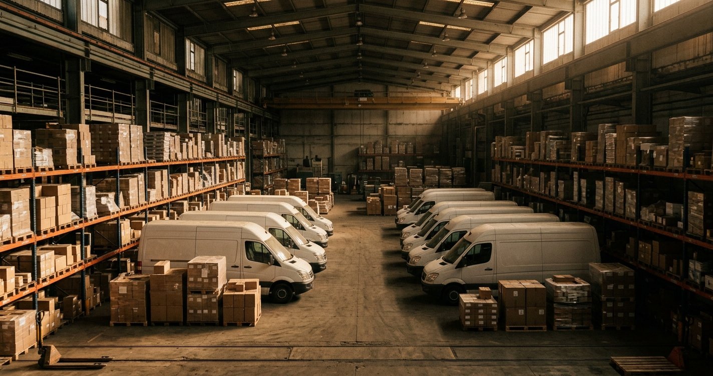 A regional distributor's warehouse with idle delivery vans and unsold stock